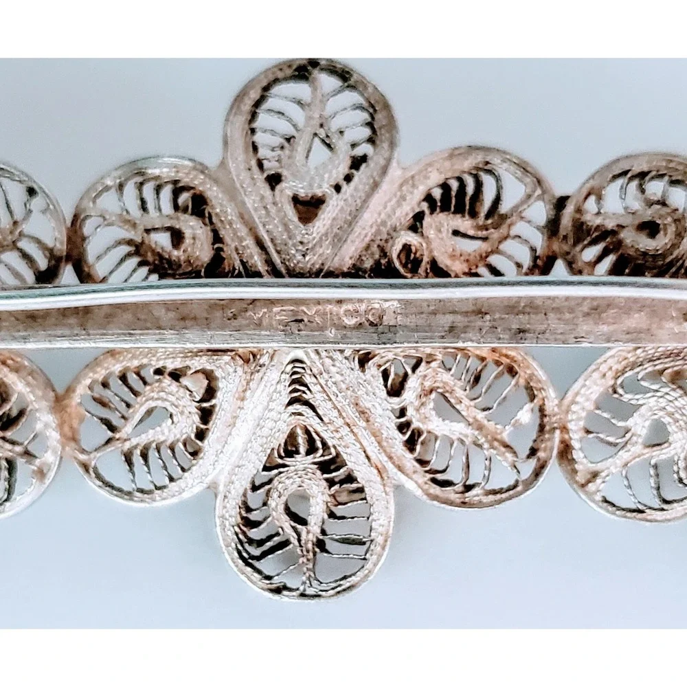 Vintage Sterling Silver Mexico Trio Filigree Design Rosebud Brooch Pin